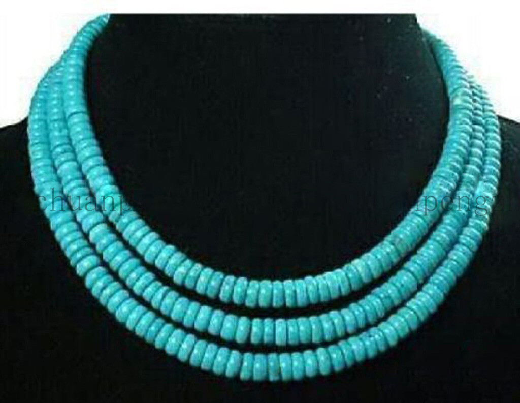 Fashion 3 Rows 5X8mm Blue Turquoise Gemstone Abacus Beads Necklace 17-19″ AAA
