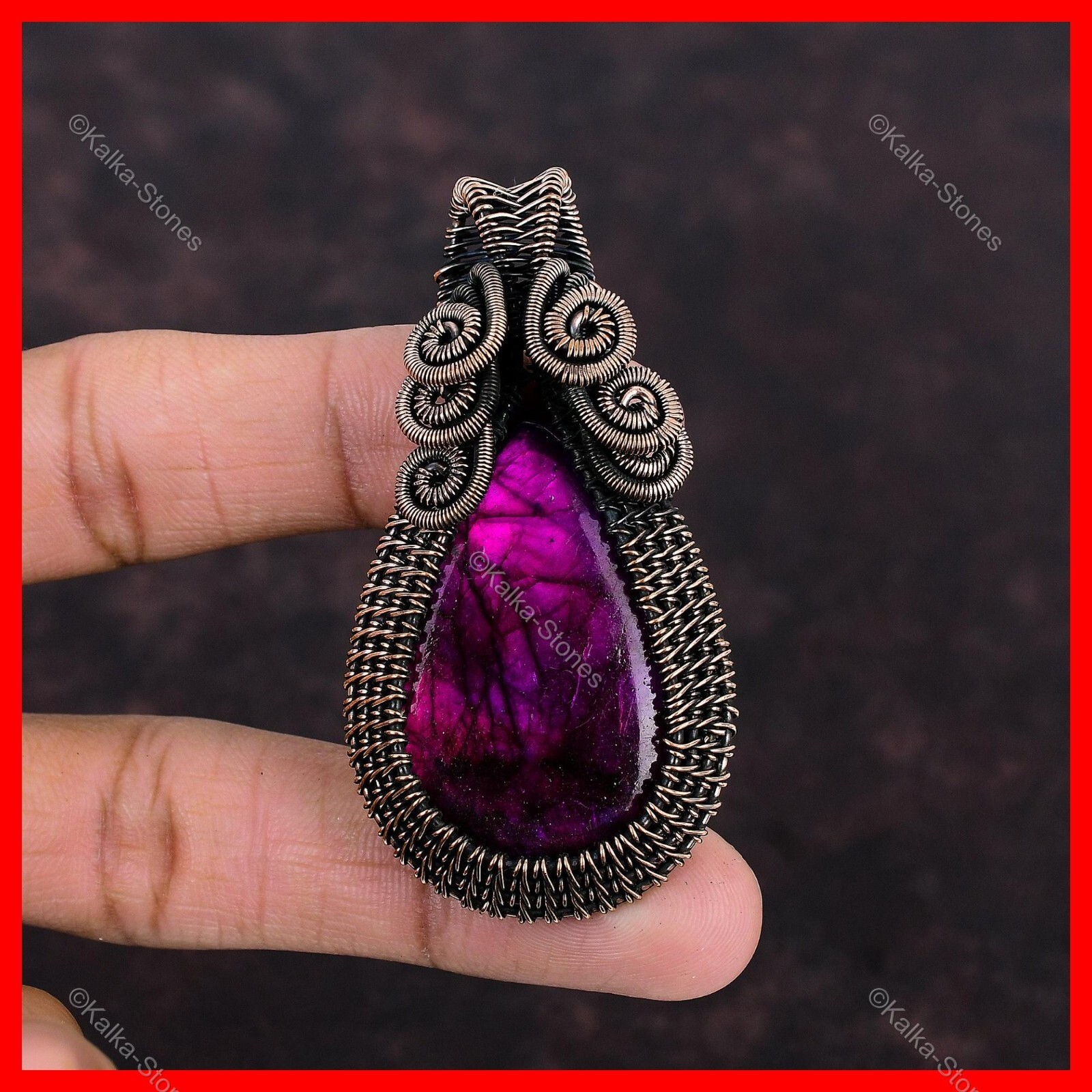 Copper Pear Pink Fire Labradorite Stone Trendy Boho Wire Wrapped Unique Pendant