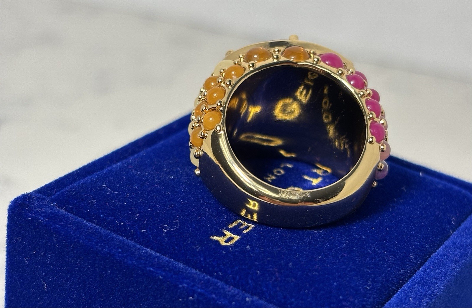 Statement Gold Tone Multicolor Cabochon Ring Size 8 Blue Stone New Box