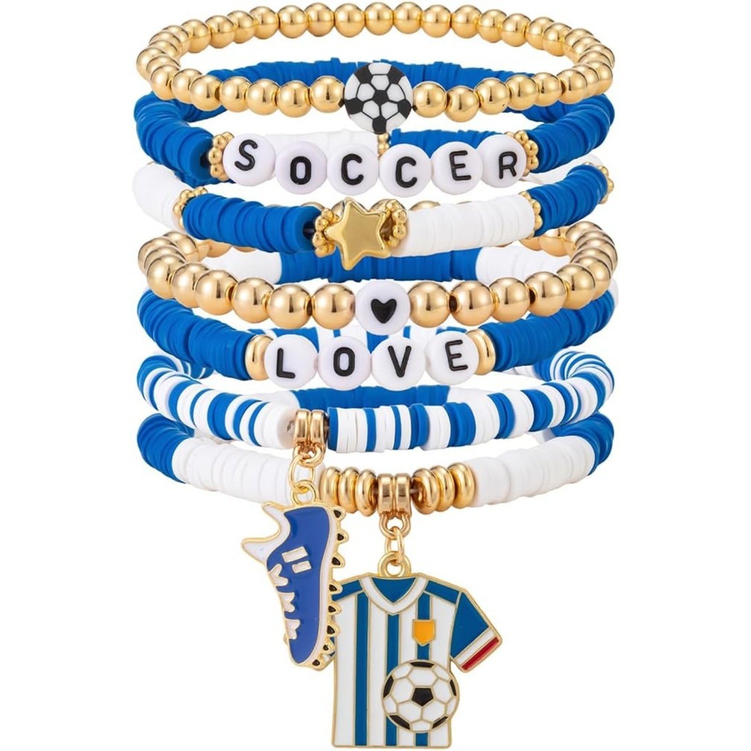 7Pcs Soccer Lover Bracelet Set | Stretch Beaded Bracelets with Jersey