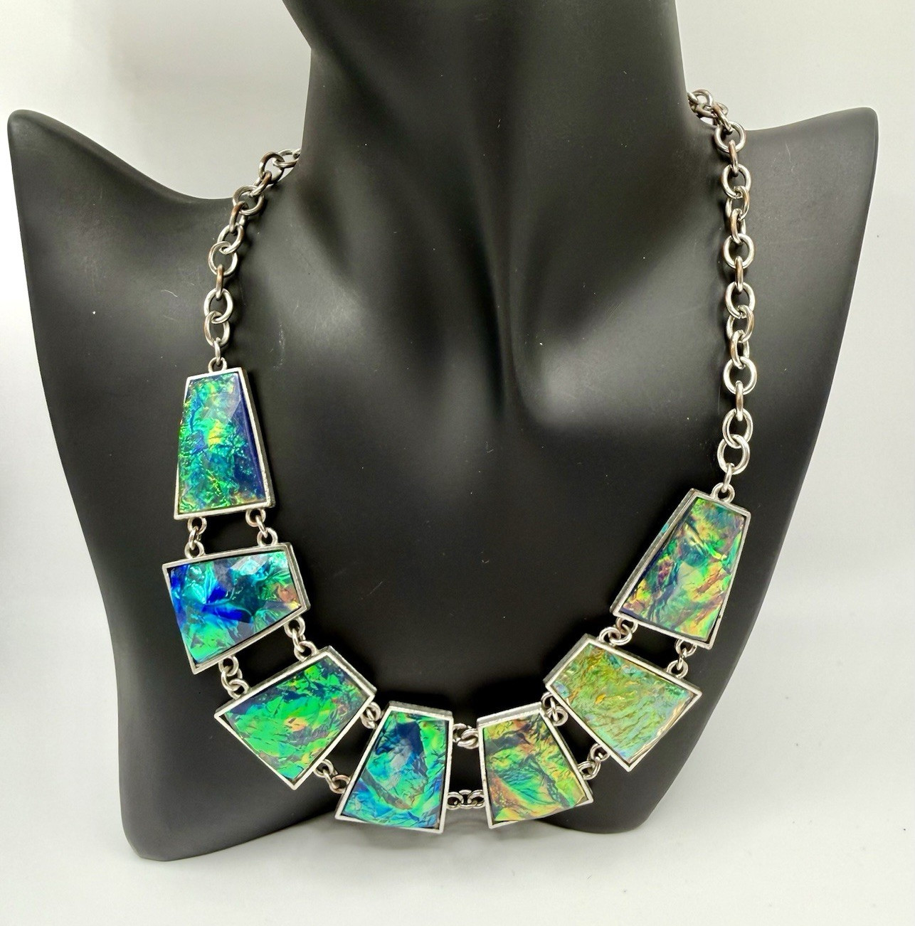 Artisan Dichroic Fused Glass Statement Necklace Geometric Iridescent Green Blue