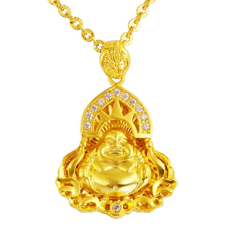 3A zircon inlaid Maitreya Buddha 24K Thai Baht Yellow Gold GP Necklace 18‘’