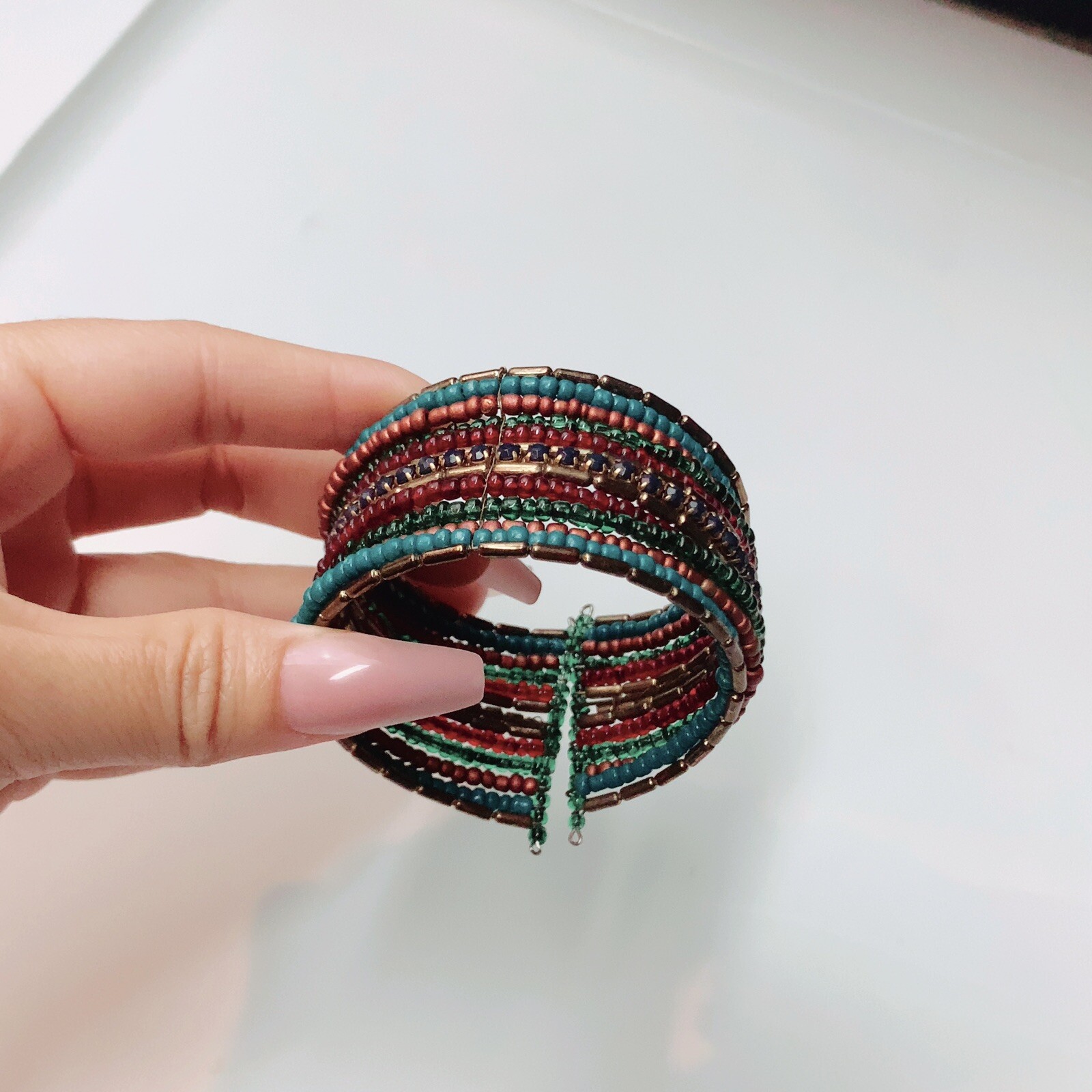 Blue Pink Gold Beaded Cuff Fashion Bracelet