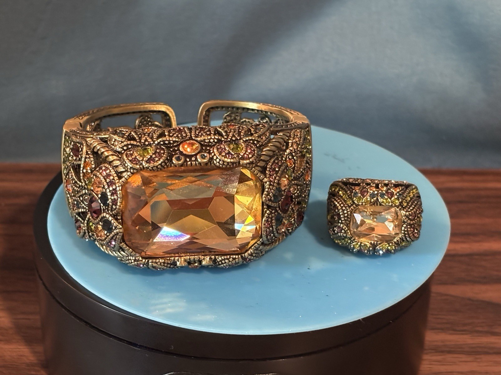 Heidi Daus Signed Adjustable Bracelet & Ring Set Gold Tone Orange Crystal