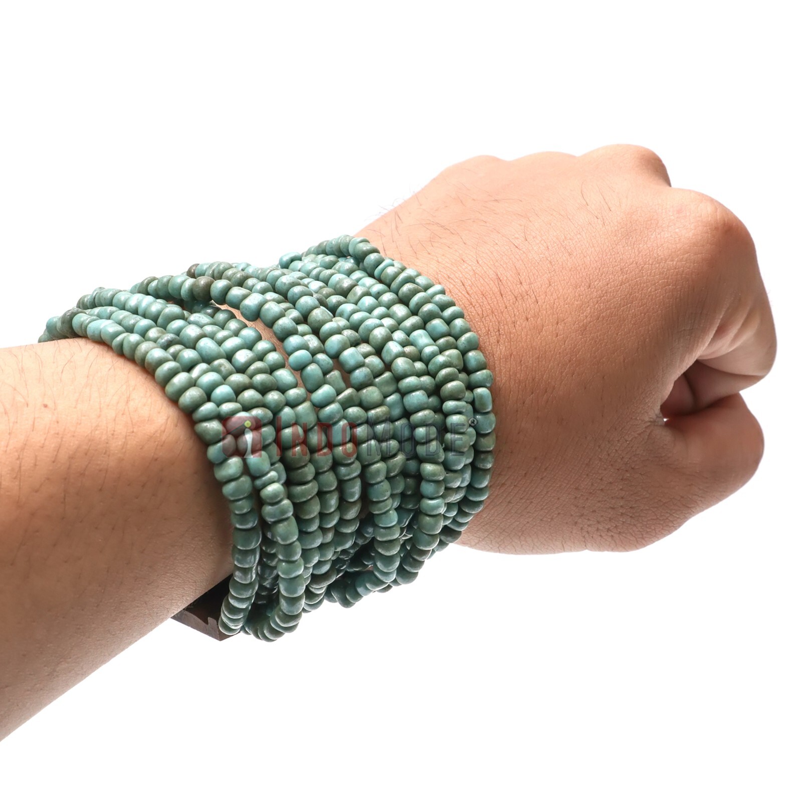 Turquoise BALI Bracelet With Hardwood Buckle Clasp 14-Strand Elastic Glass Bead