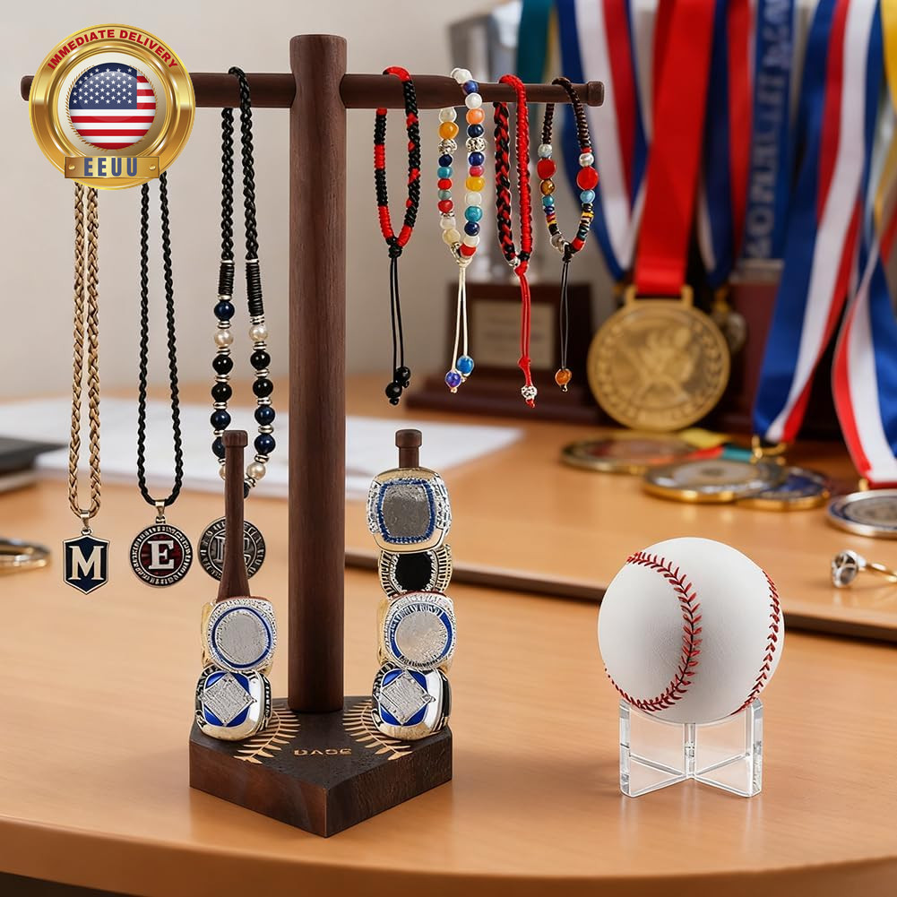 Baseball Ring & Drip Necklace Display Holder, Wooden Championship Ring Display H