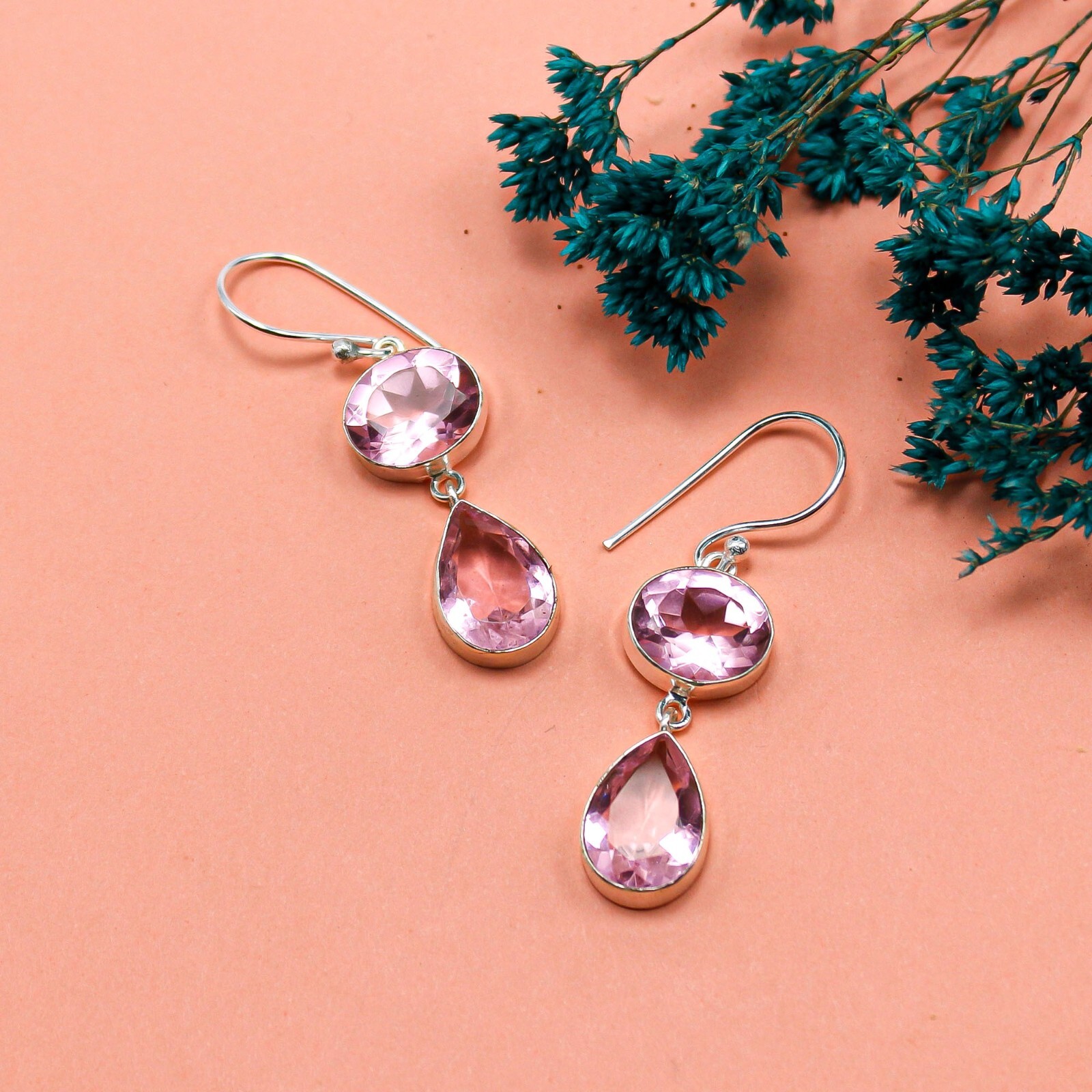 Kunzite Jewelry Sterling Silver Gift For Mother Drop/Dangle Earrings 1.88″
