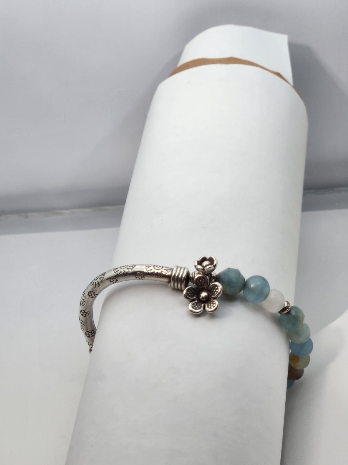 Sterling Silver Bar Stone Bead Bracelet Blue Brown Bangle Stretch Flower Sun 925