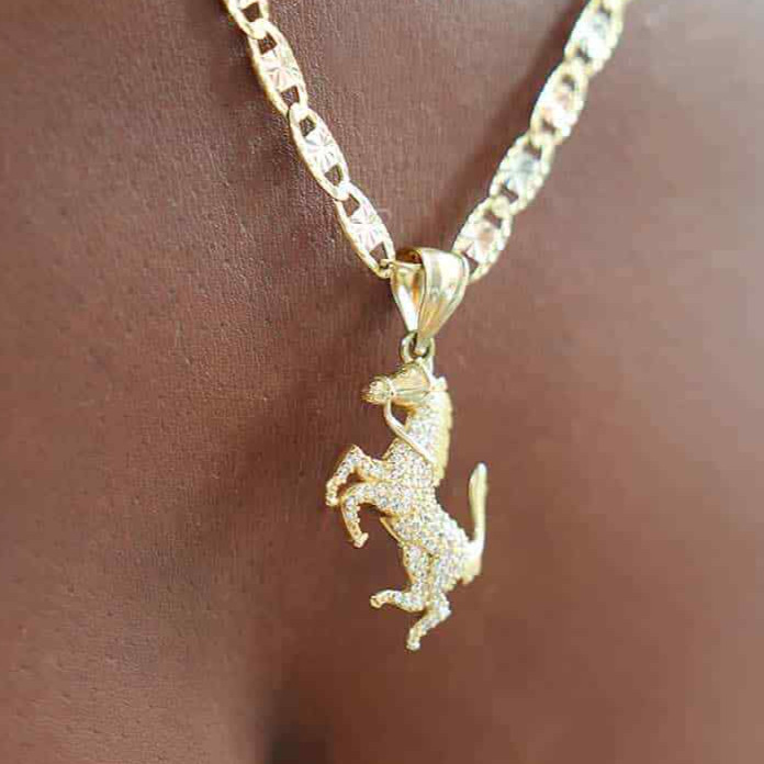 14K Yellow Gold 0.85CTW Simulated Diamond Pave Horse Charm Pendant 1.38″