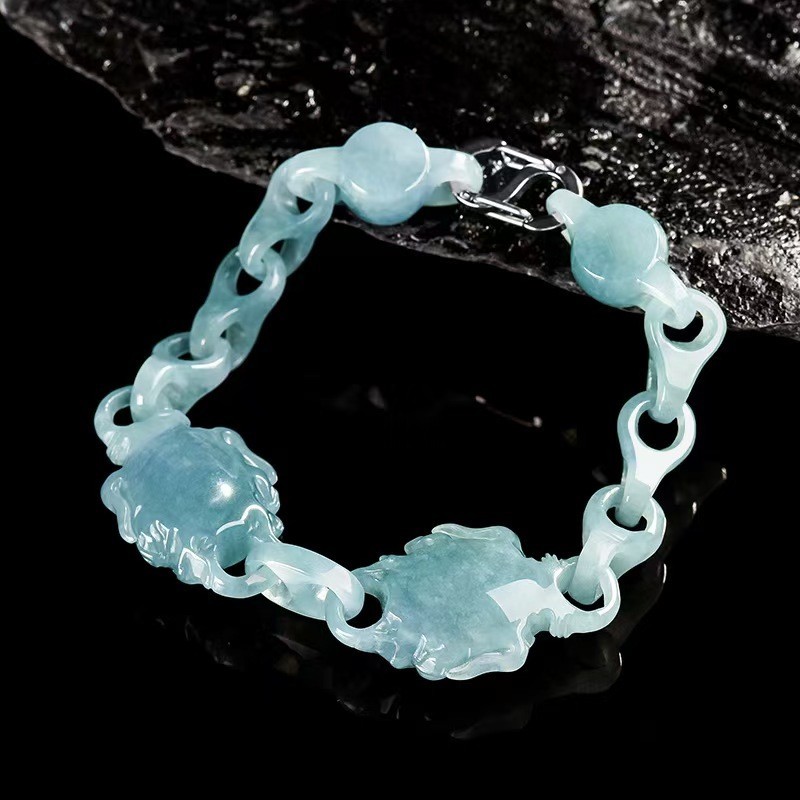 Real Grade A Natural Green Jade Jadeite Double Dragon Chain Bracelet