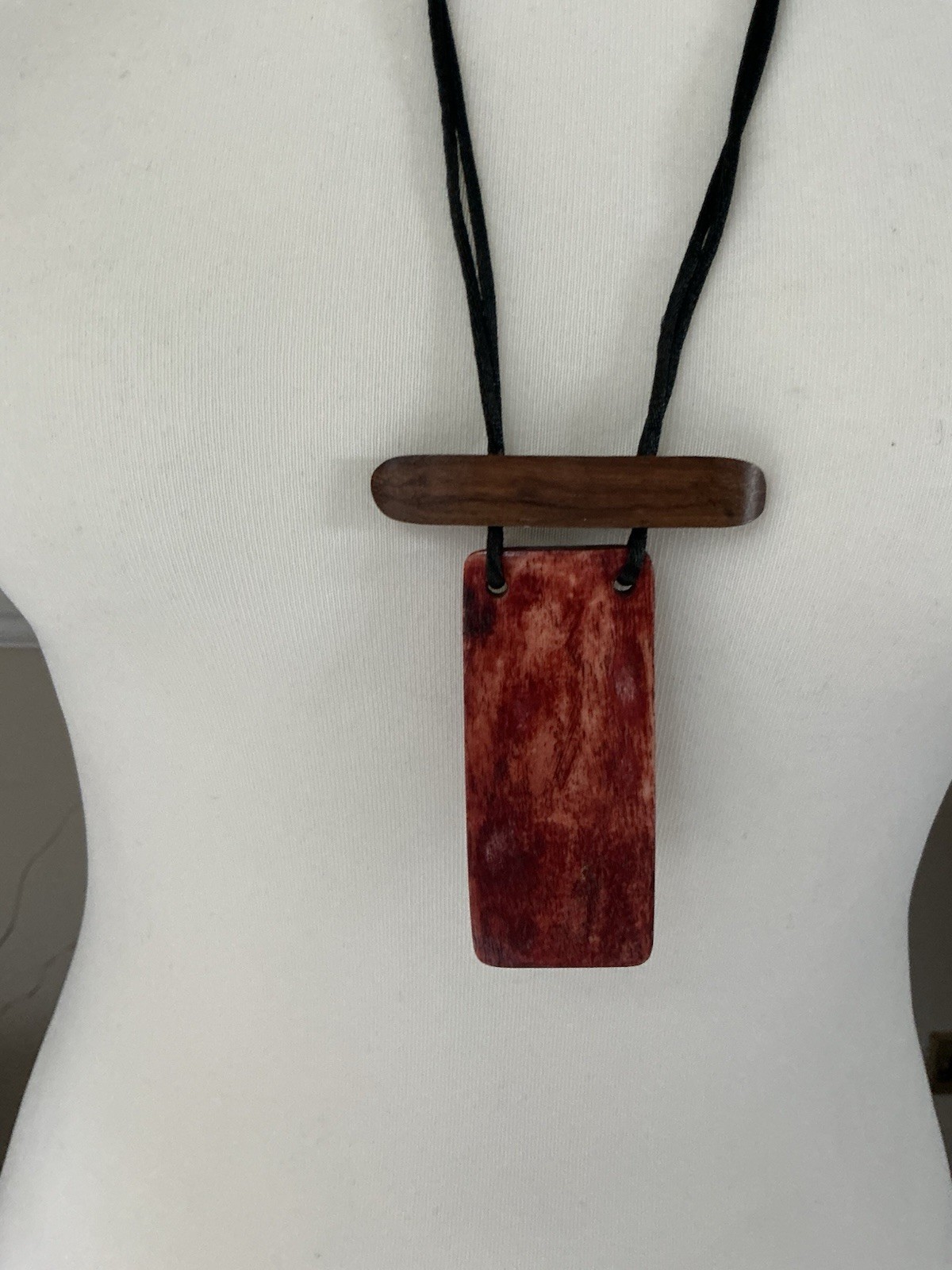 Statement Boho Arty Lagenlook Long Cord Necklace Wood & Resin pendant