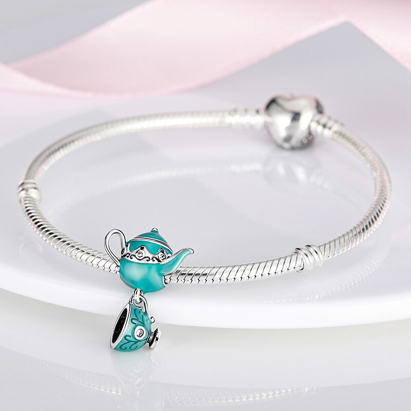 MULA European Silver Plated Charm AAA CZ Green Enamel Teapot For Women Bracelet