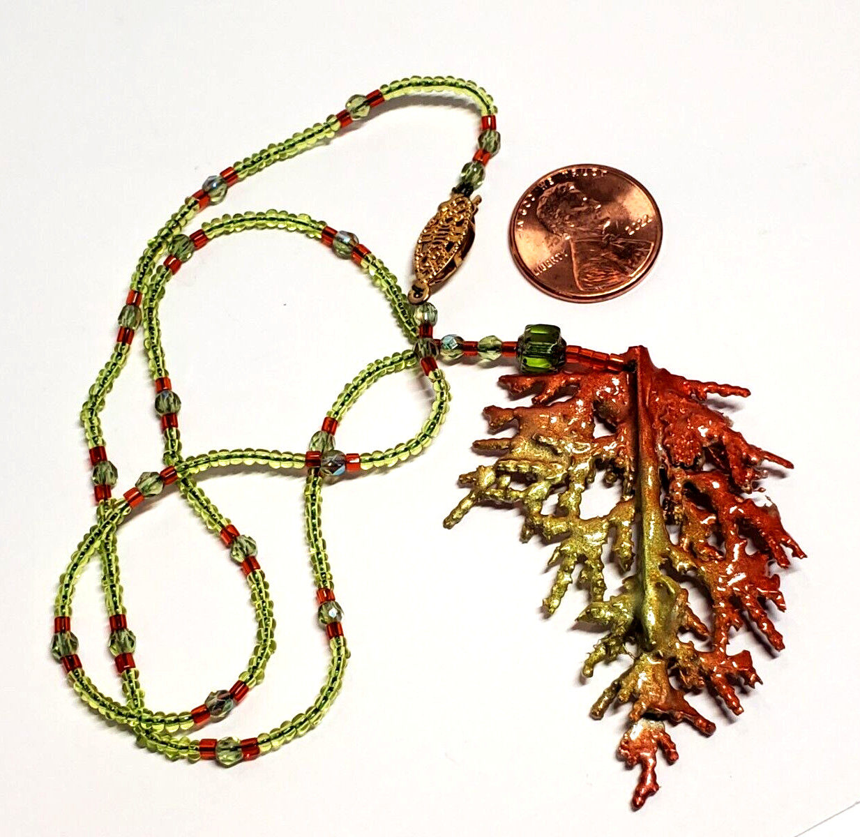Handmade Orange Green Enamel Natural Juniper Branch Pendant Bead 16″ Necklace