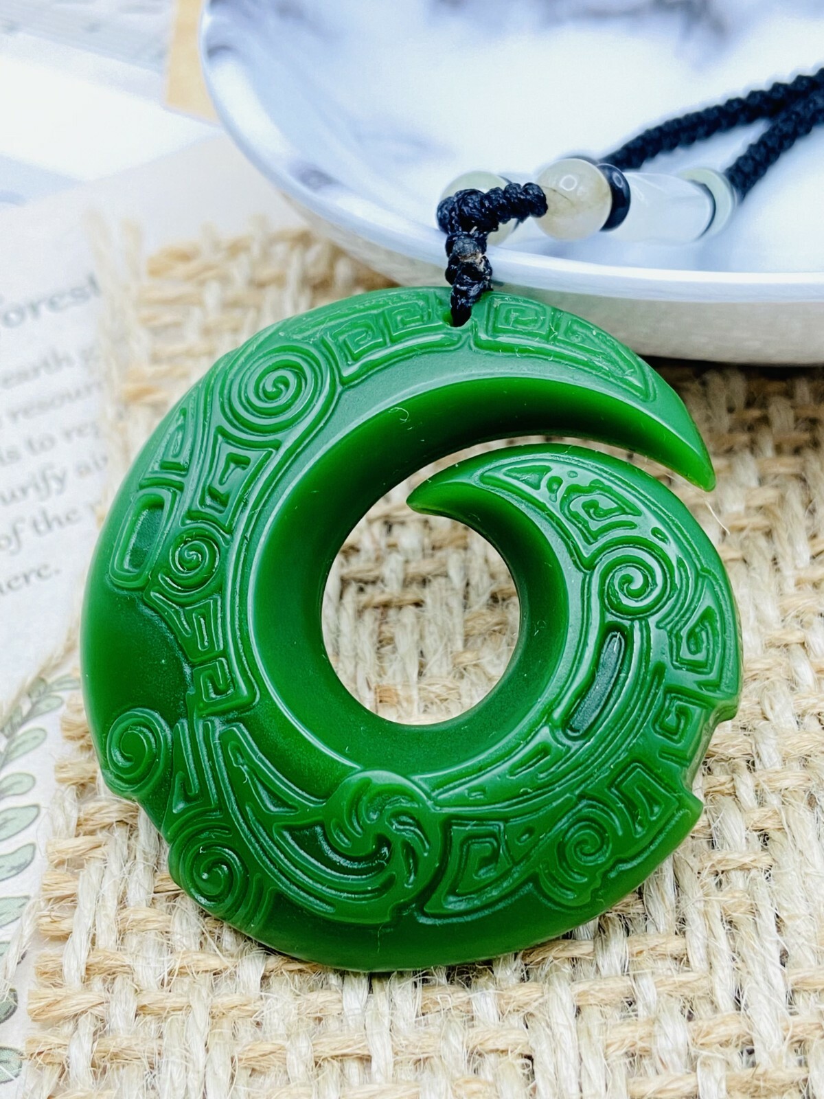 Green Jade Horn Charm Pendant Necklace W/ Beads Cord Handmade Carved Gemstone