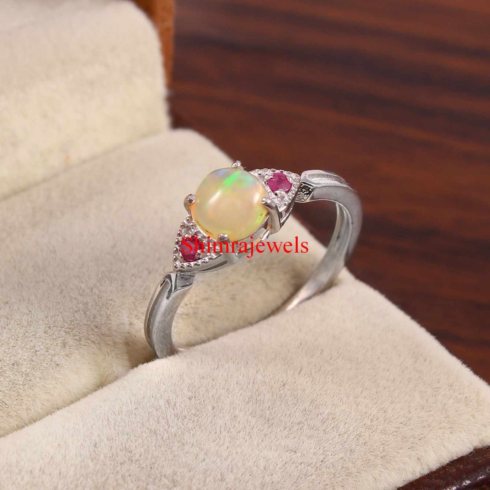 Natural Opal & Heated Ruby With 18K White Gold Plated Silver Women’s Ring #658