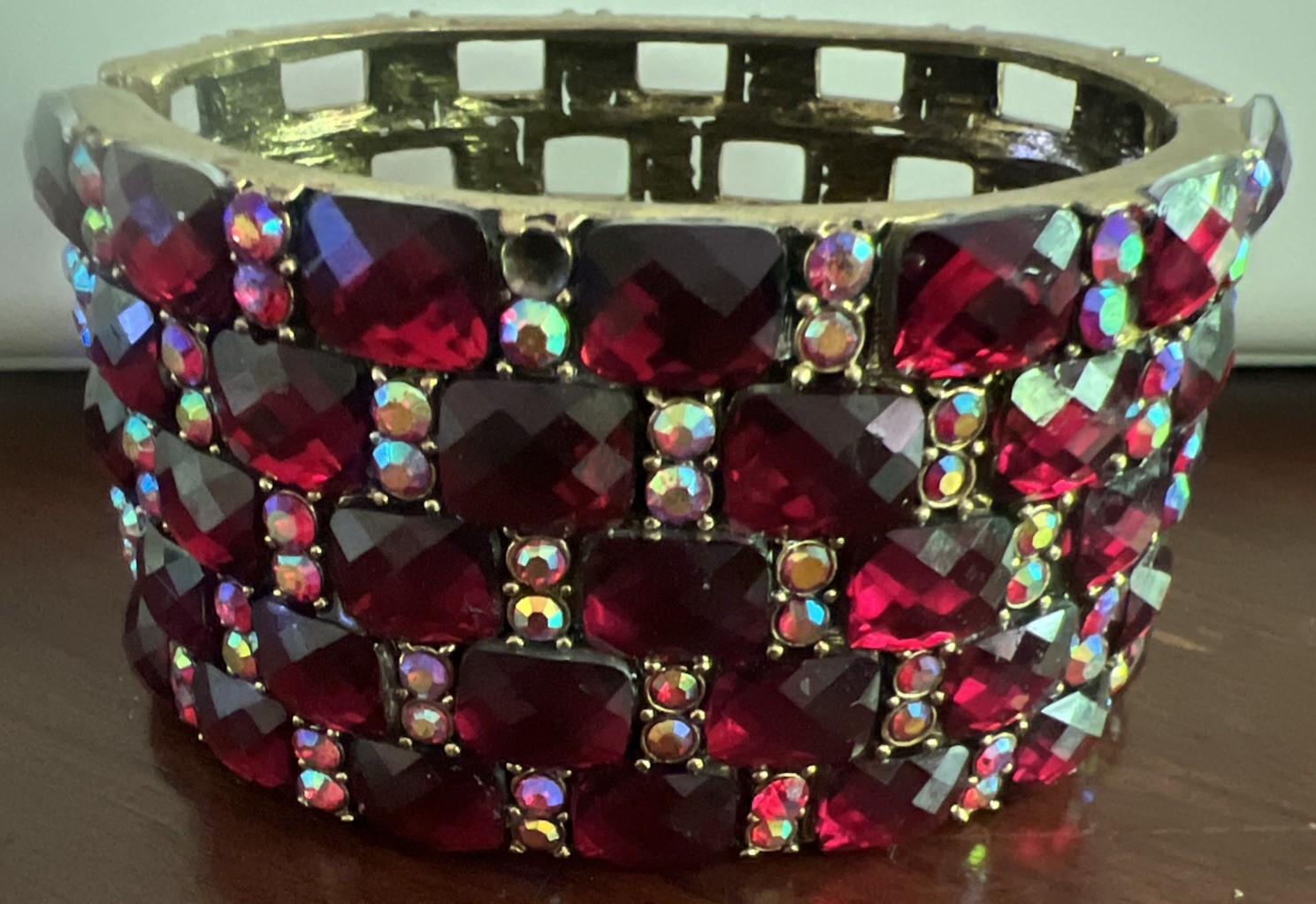 Yuhong Wide Hinged Cuff Clamper Red Aurora Borealis Rhinestone Bracelet EUC