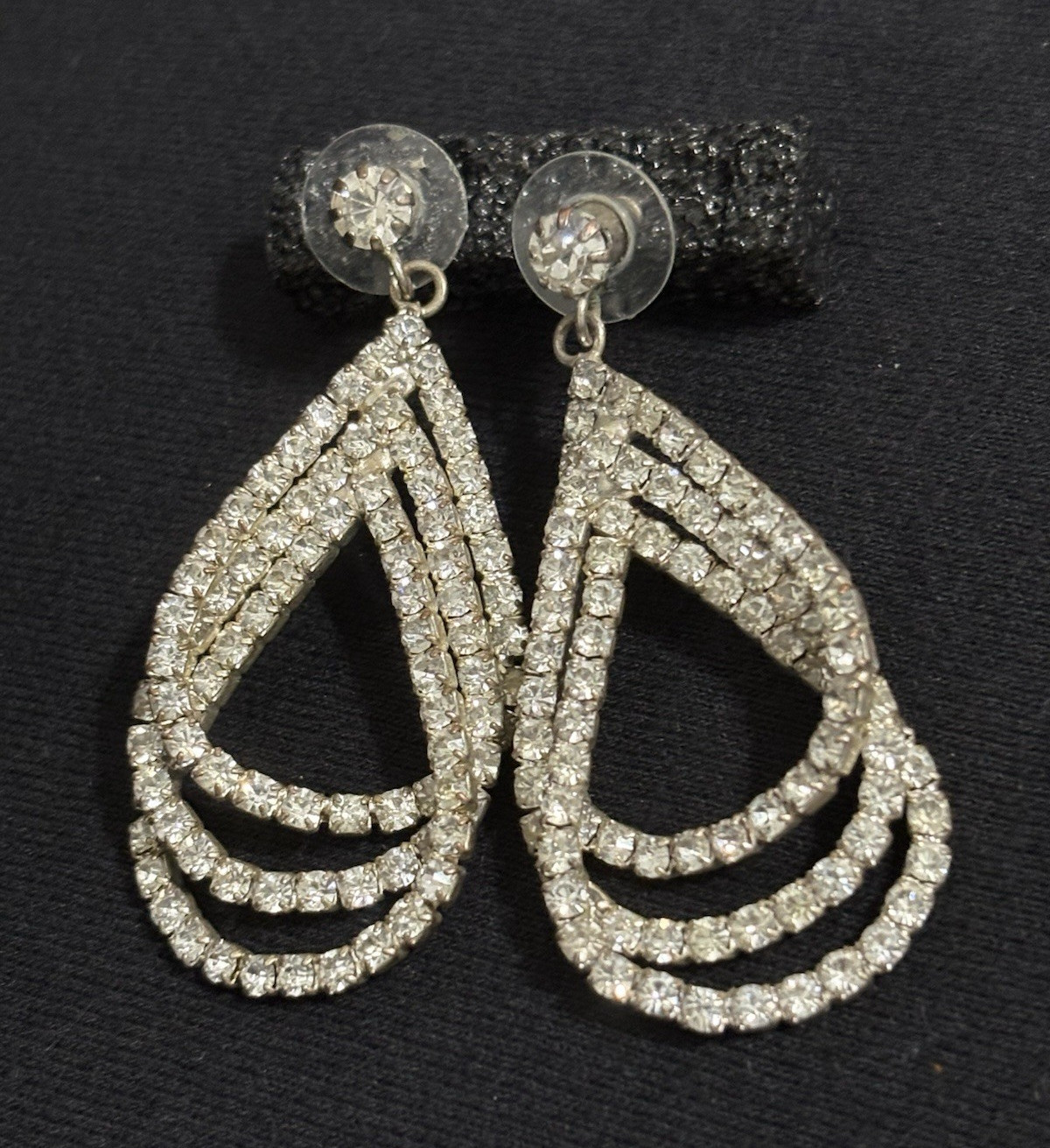 Vintage Rhinestone Teardrop Dangle Earrings Silver Tone Open Drop Statement