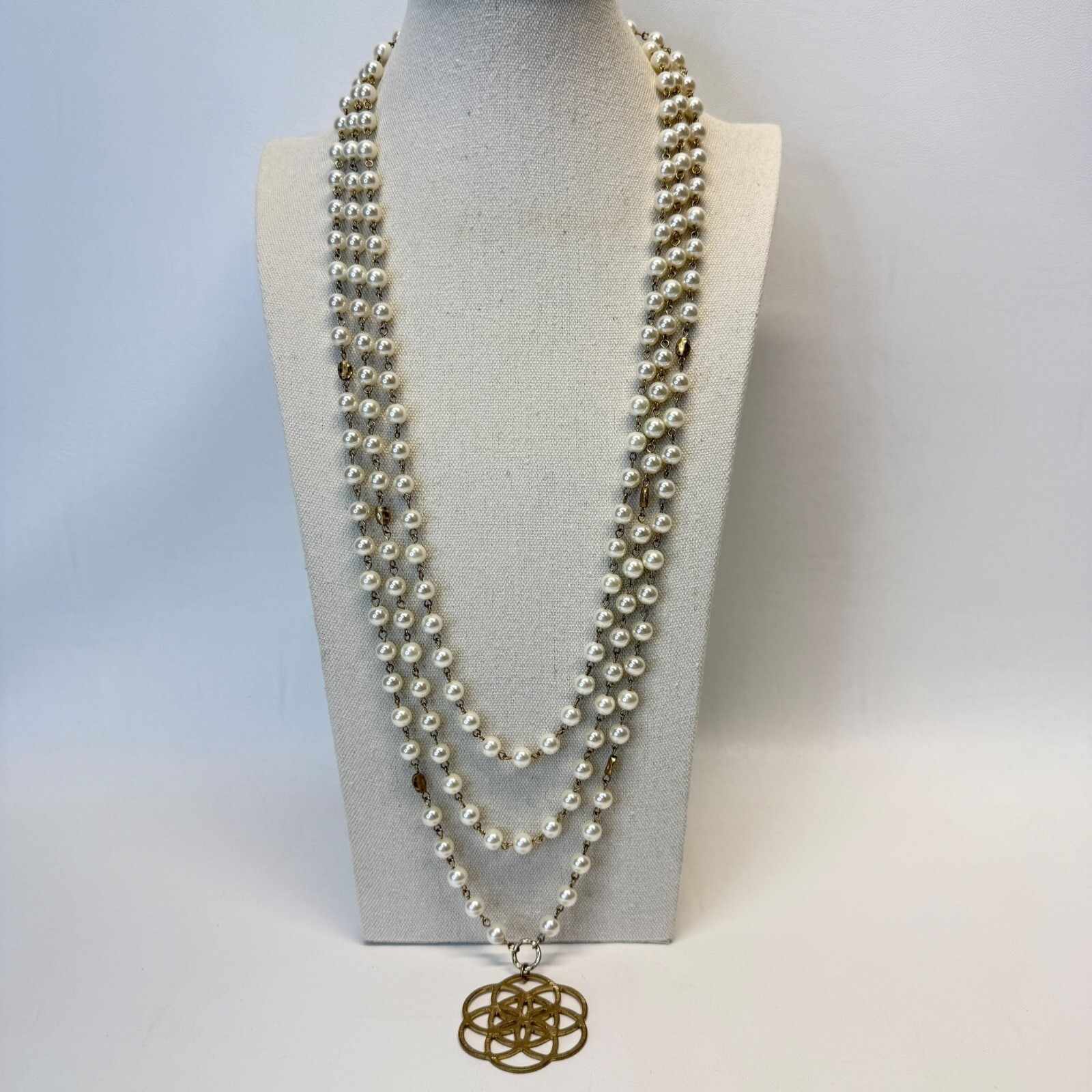 Medallion Pendant Necklace Imitation Pearl Multistrand Station Gold-Tone