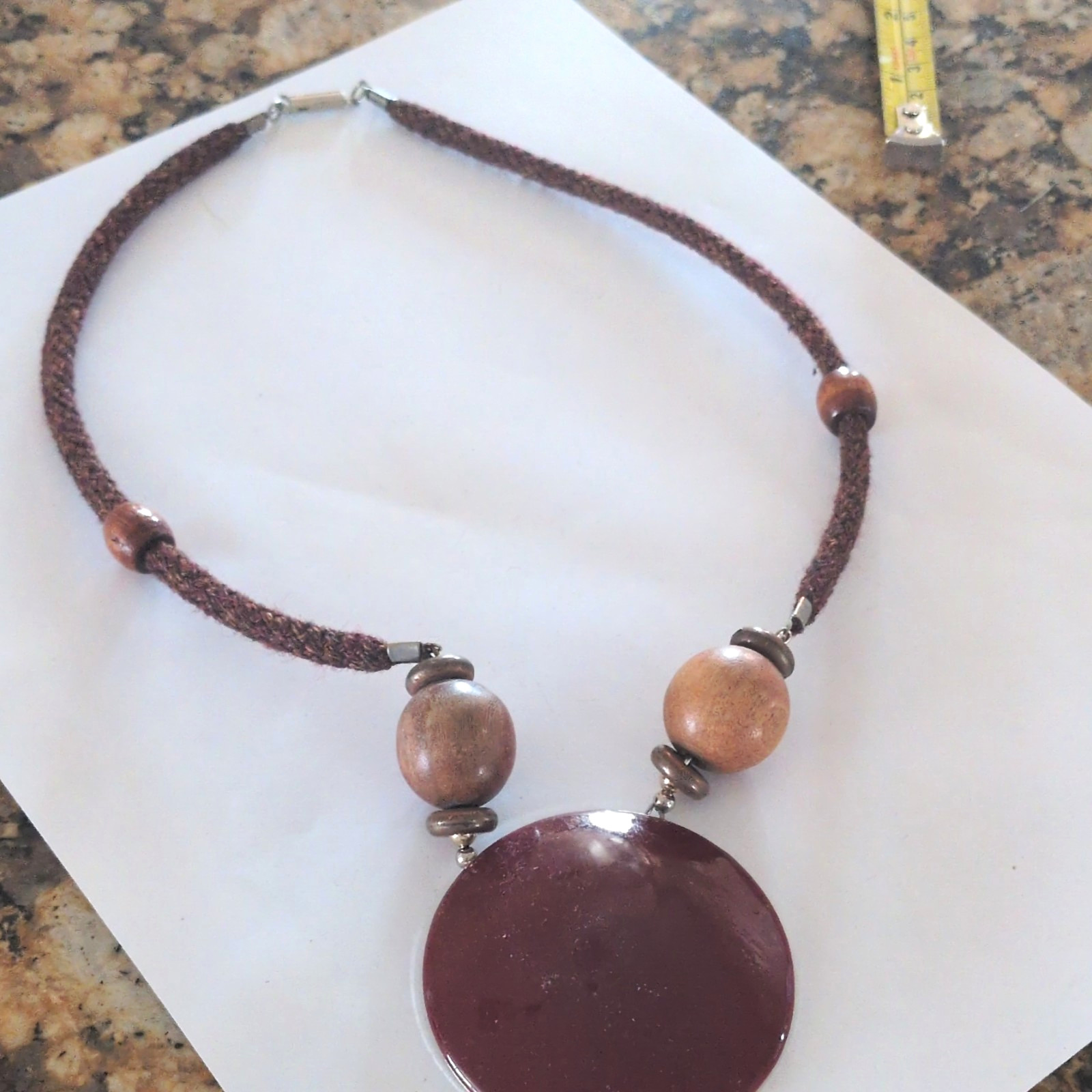 Brown Cord Necklace with Round Charm Pendant & Wood Beads, Barrel Closure