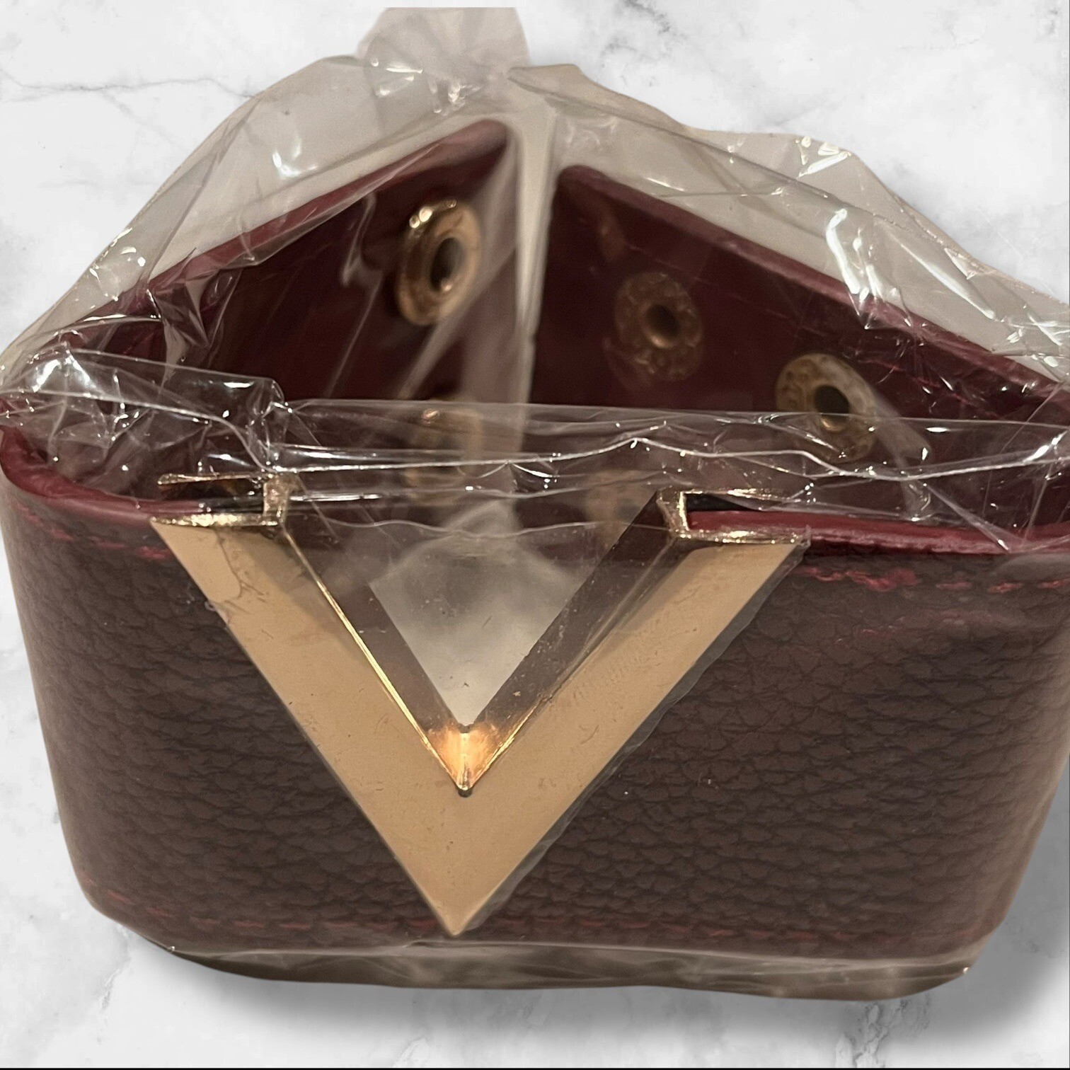 Women’s Burgundy PU Leather Bracelet With Gold “V” Detail & Snap Closure