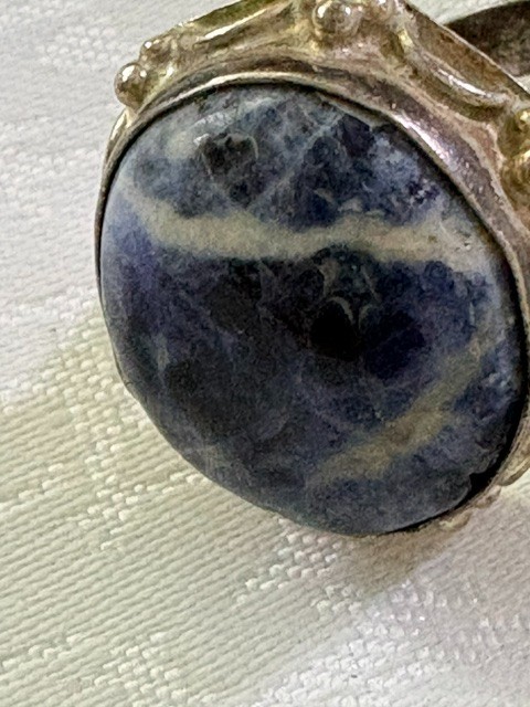 Sodalite Bezel Set Silvertone Ring Oval Blue Stone 1″ Face, Size 7–7.5