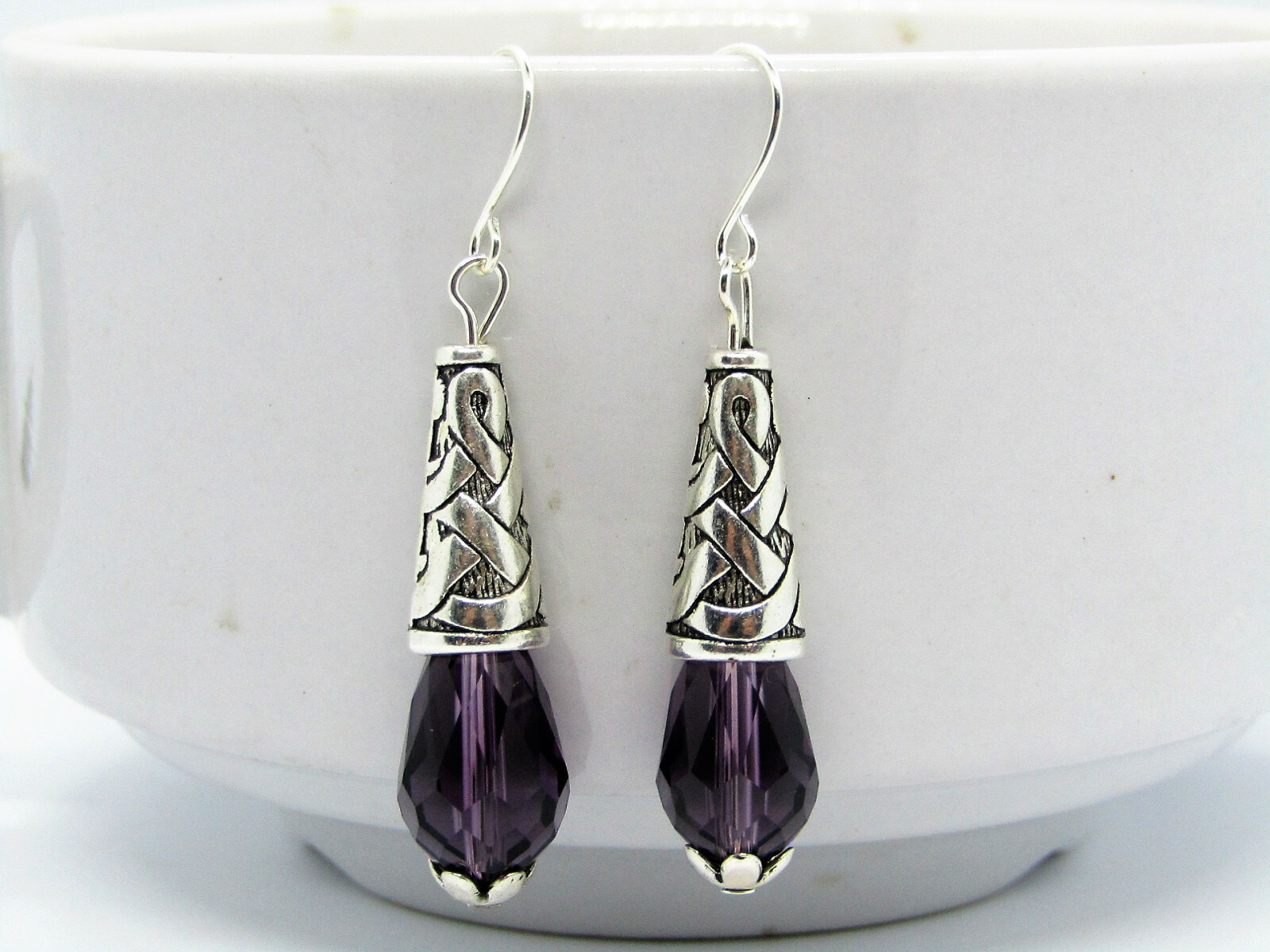 Purple Teardrop Crystal Decorative Cone Silver Dangle Earrings USA MADE