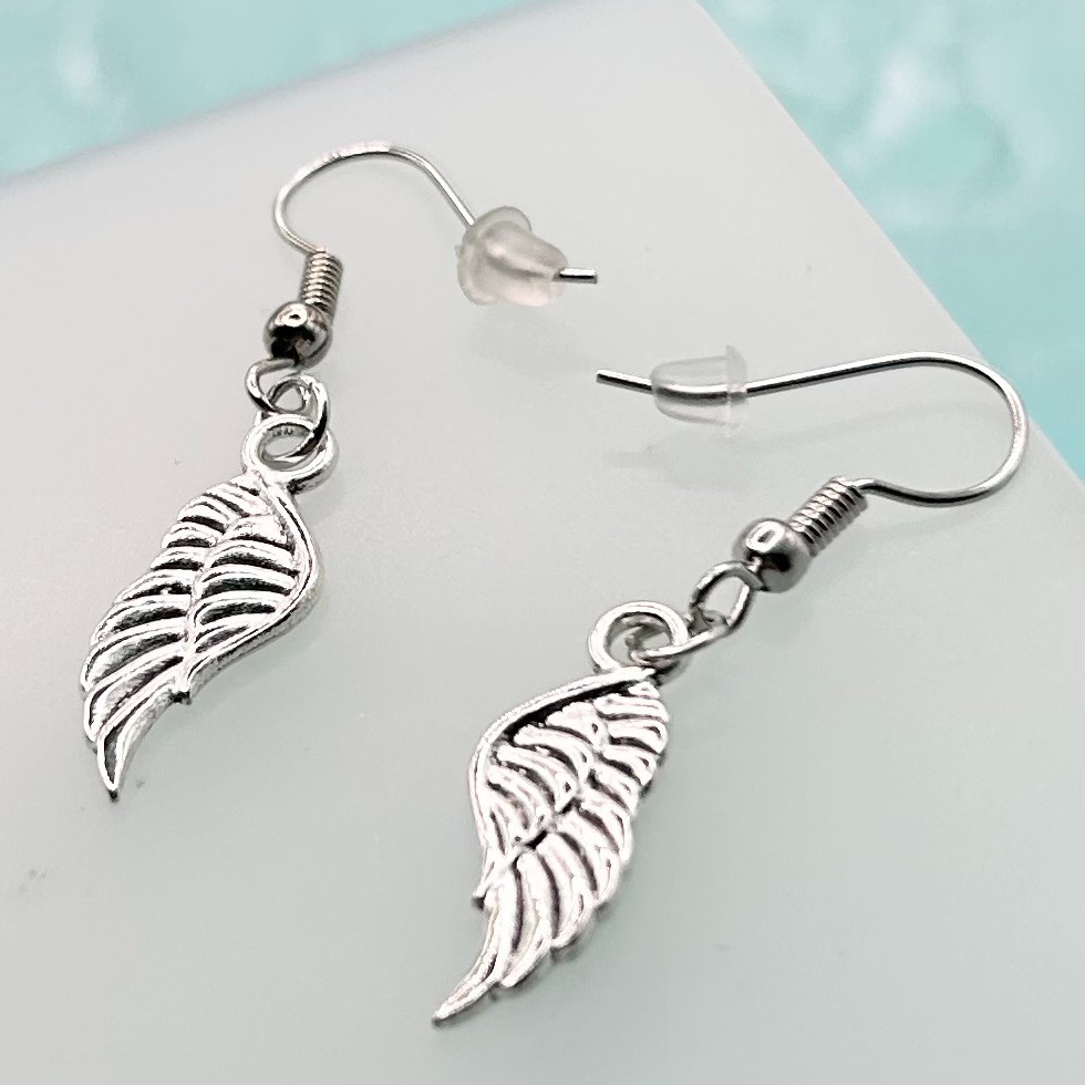 Mini Angel Wing Pendant Hook Earrings (Silver) New Handmade Original Design