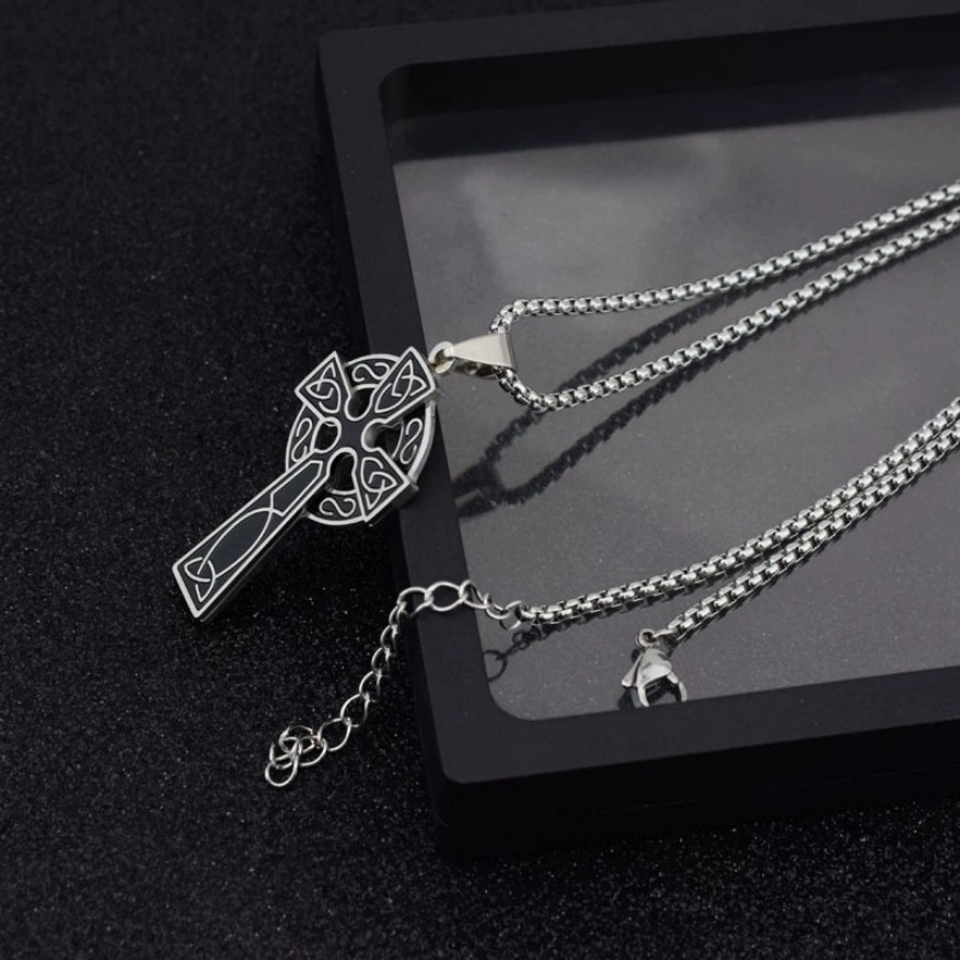 Men’s Retro Hollow Celtic Knot Cross Silver Plated Box Chain Pendant Necklace