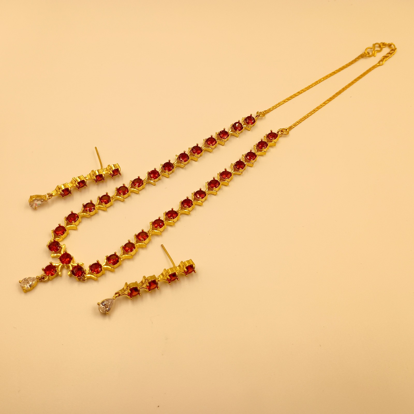 22K Gold Plated Rubellite Tourmaline Necklace Set Traditional Indian Choker Gift
