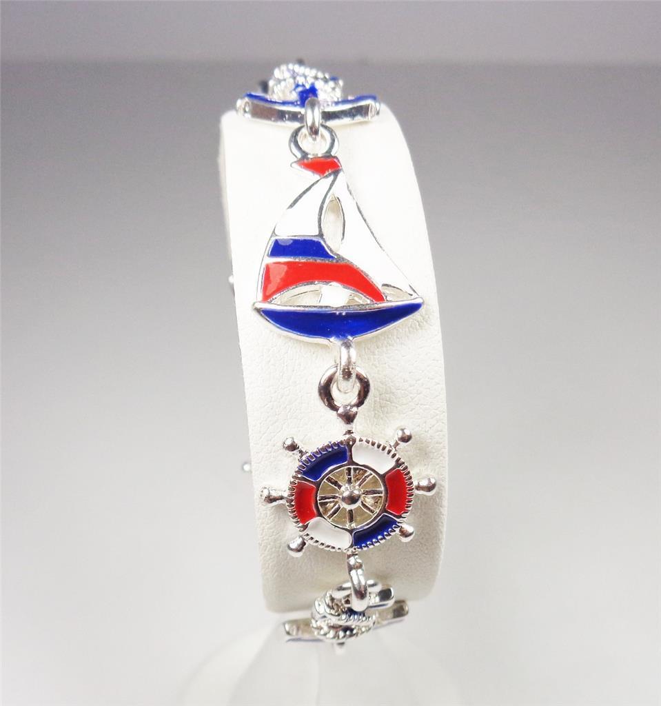 BEACH FASHION NAUTICAL SHIPS WHEEL ANCHOR AND SAILBOAT SEA LIFE RHODIUM BRACELET
