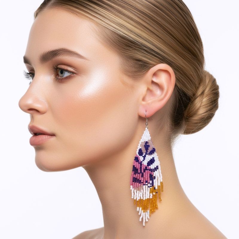 5″ Mauve Multicolor Abstract Botanical Plant Hand Beaded Tassel Earrings New