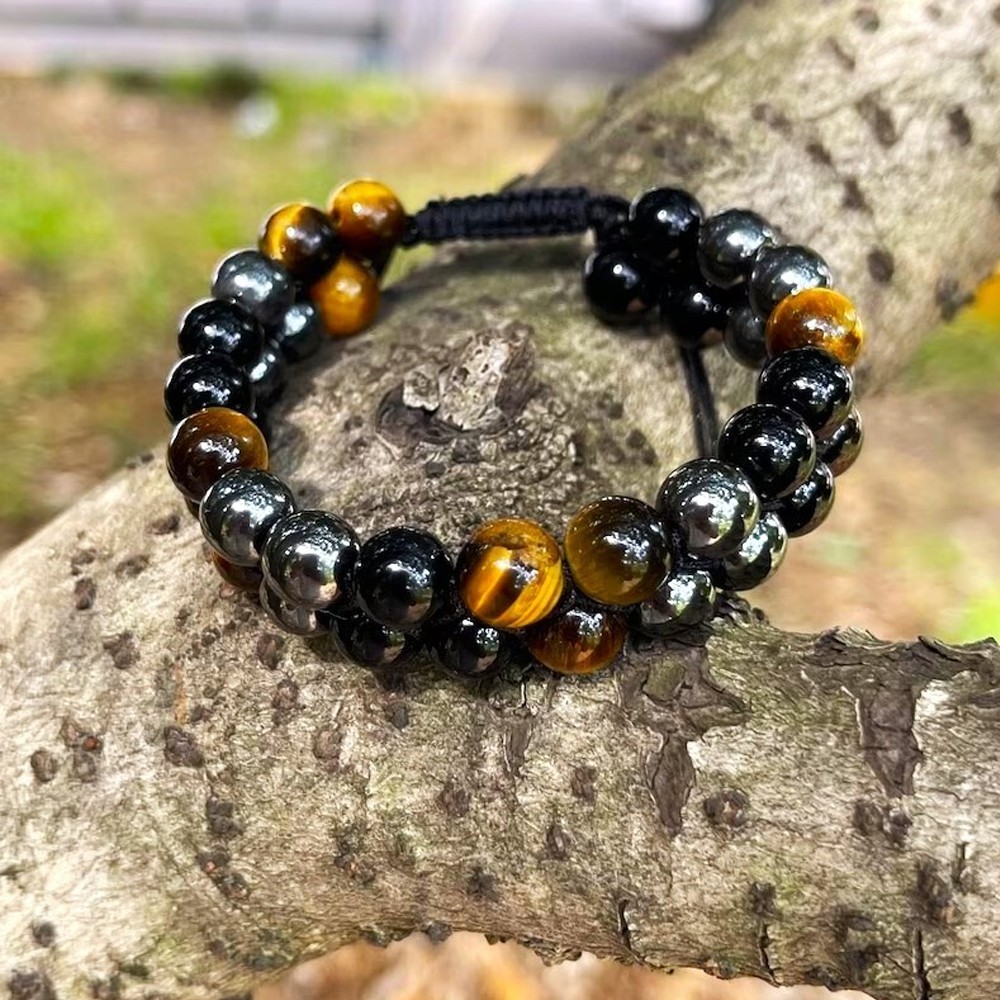 Triple Protection Tiger Eye Hematite Obsidian Bead Healing Adjustable Bracelet