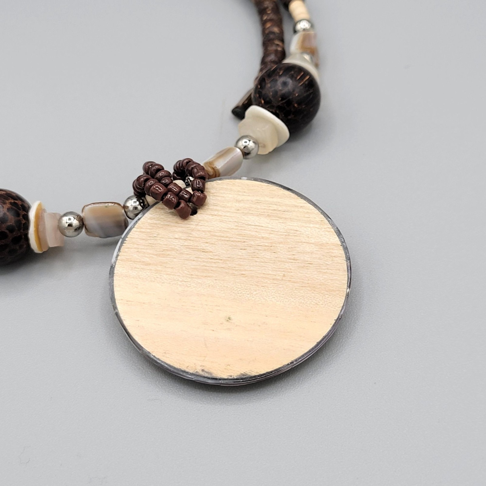 Brown & Beige Beaded Memory Wire Necklace Abalone Spacers Shiny Resin Pendant