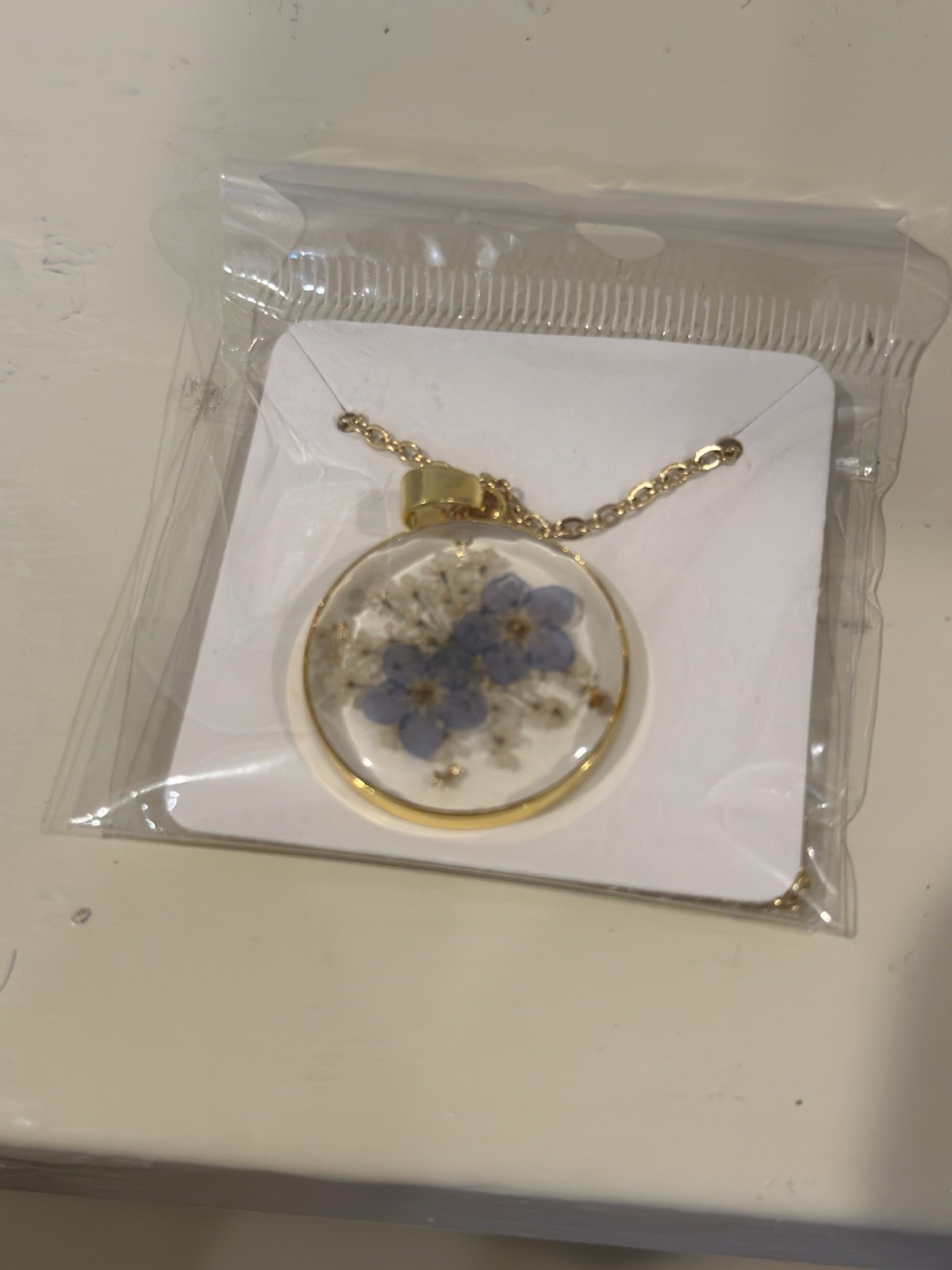 Real Forget-Me-Not Flower Pendant Necklace, Gold Plated 18”