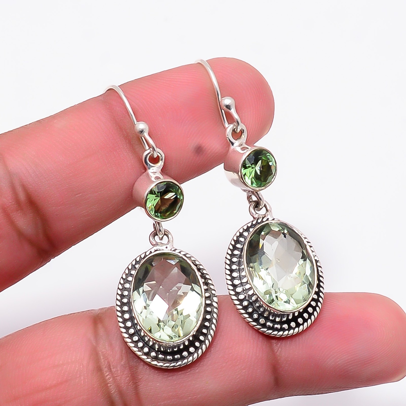 Green Amethyst Gemstone 925 Sterling Silver Handmade Earring 1.88 E10892124568