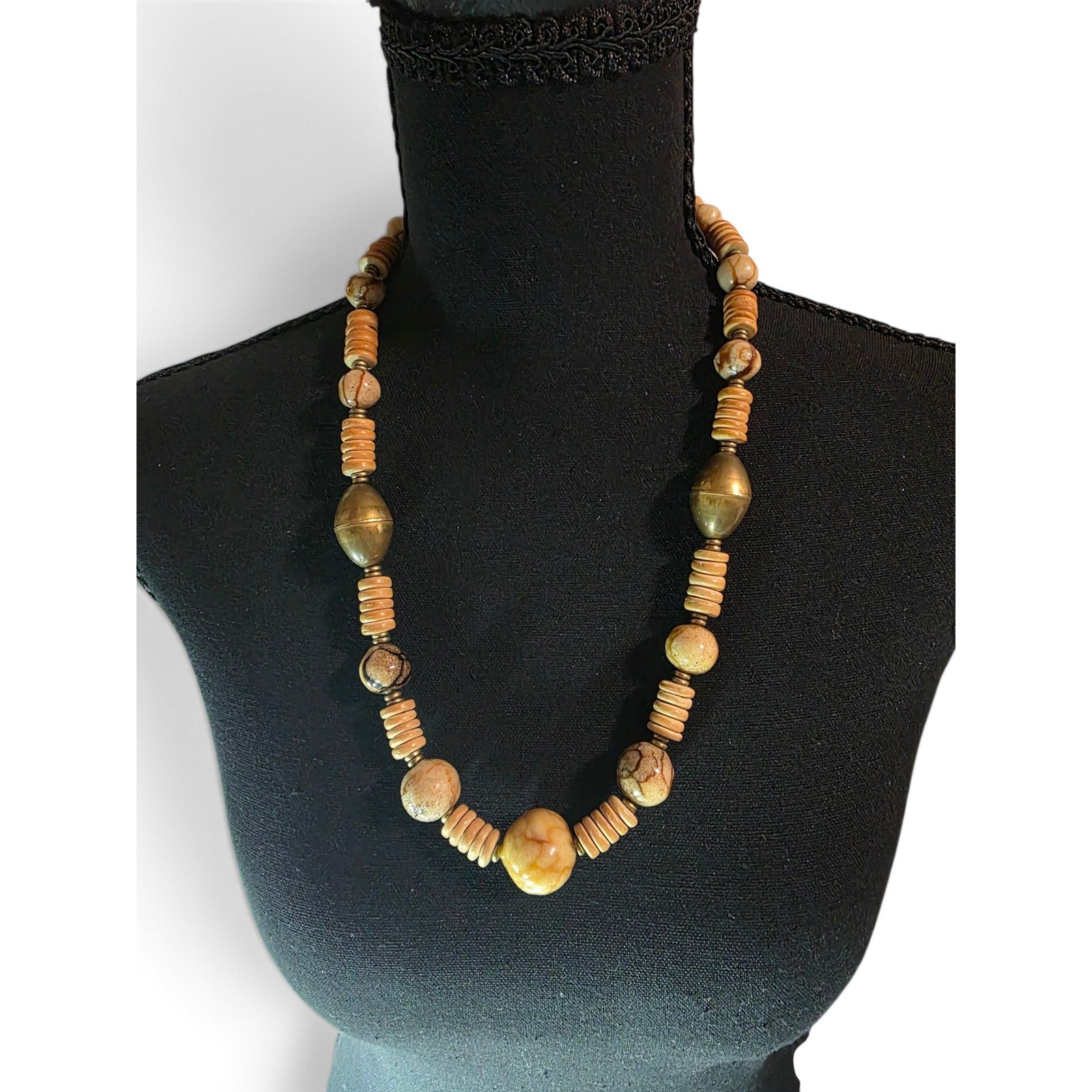 Boho Chunky Picture Jasper Bead Wooden Disc Brass Statement Necklace Bohemian