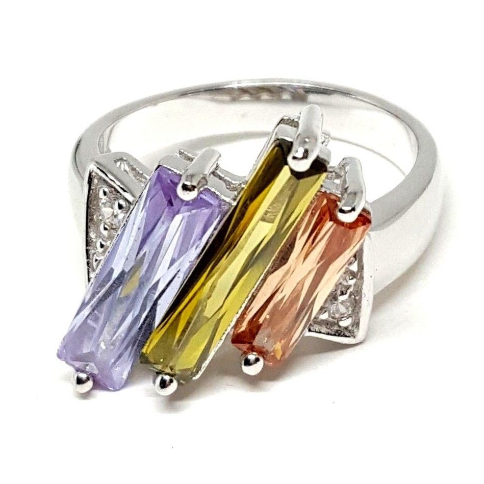(SIZE 6,7,8,9) Colorful Slanted CZ BAGUETTE STONES RING .925 STERLING SILVER