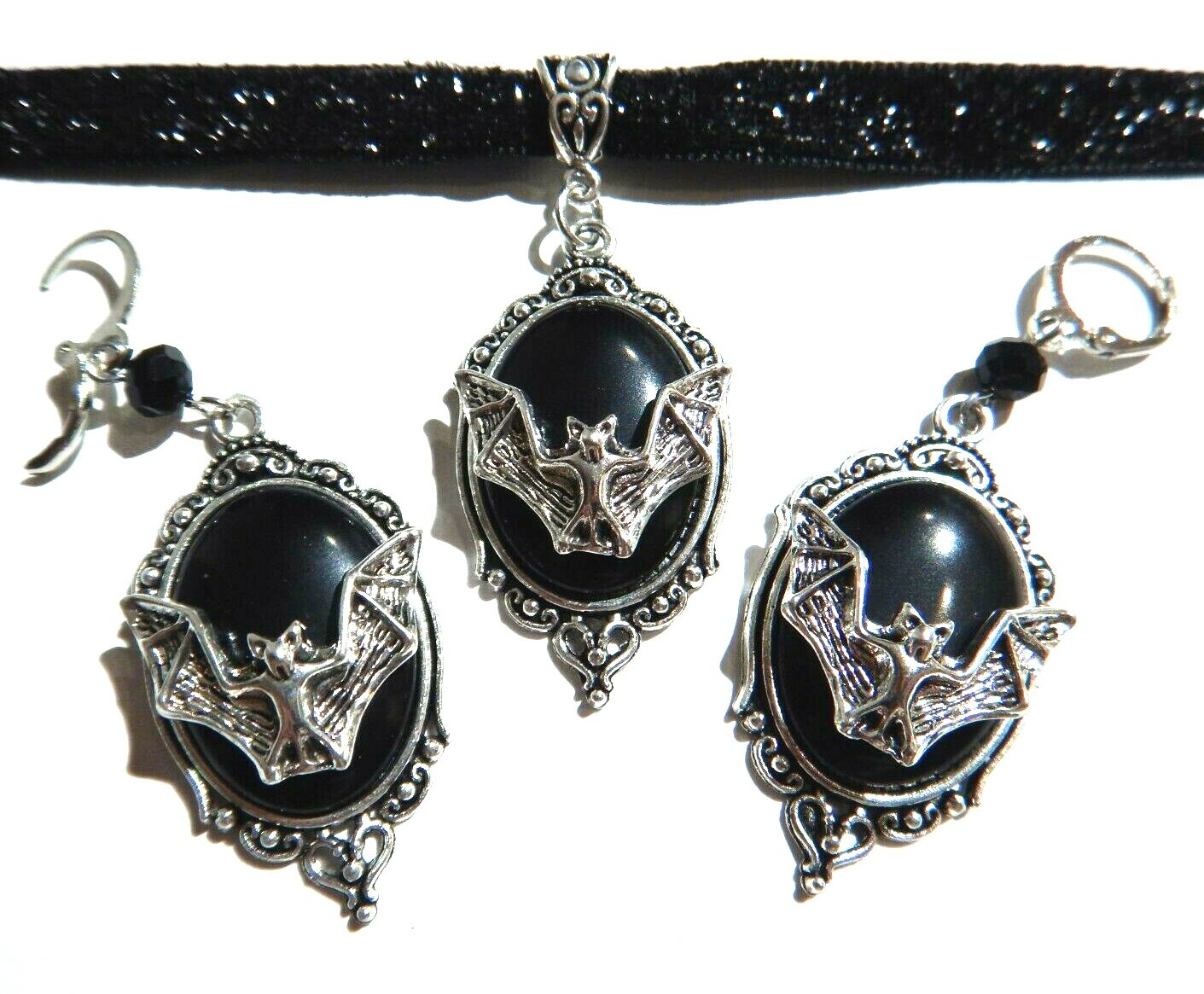 silver black vampire bat cameo necklace choker earrings 17″ halloween goth D1