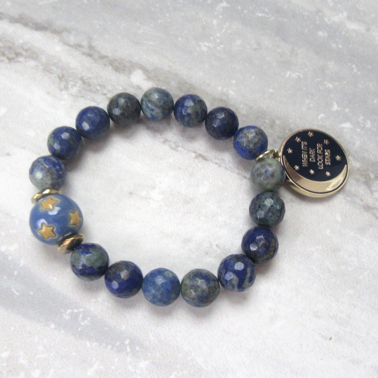 Ceramic Star Ball Stretch Bracelet with Lapis Beads & Moon Quote Charm