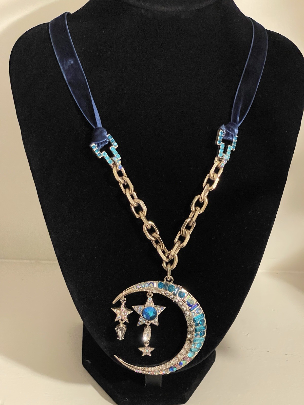 Betsey Johnson Blue Crystal Crescent Moon & Star Pendant Necklace Adjustable