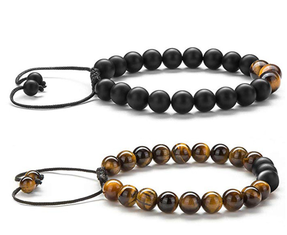 2Pcs Adjustable 8mm Tiger Eye Matte Agate Natural Stone Beaded Bracelet Men Gift