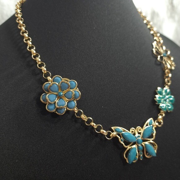 Women’s Necklace Gold Tone Turquoise Butterfly & Flower Designs 11.5 in + 3 in