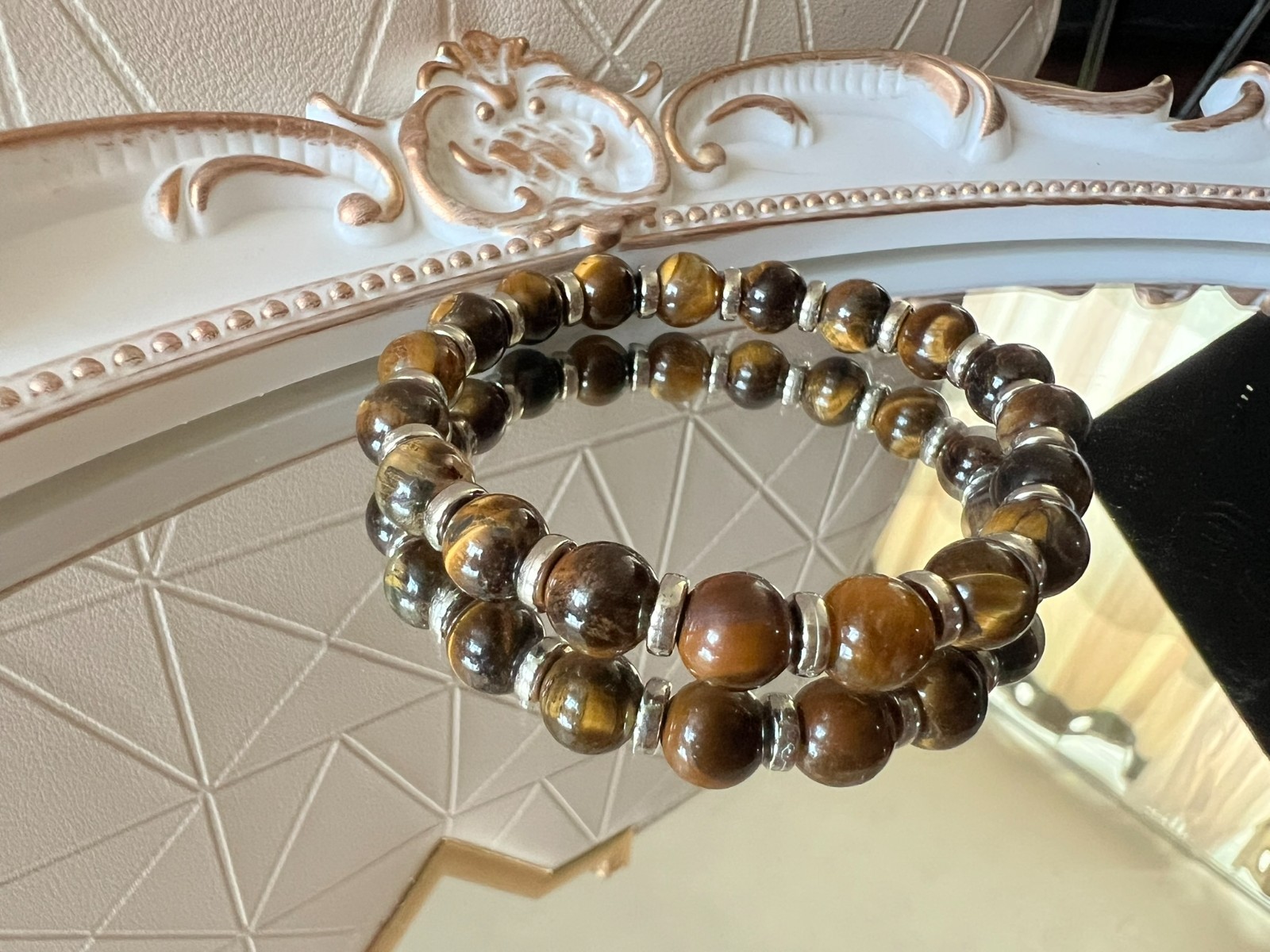 handmade elastic unique tiger eye stone beads & silver accents bracelet