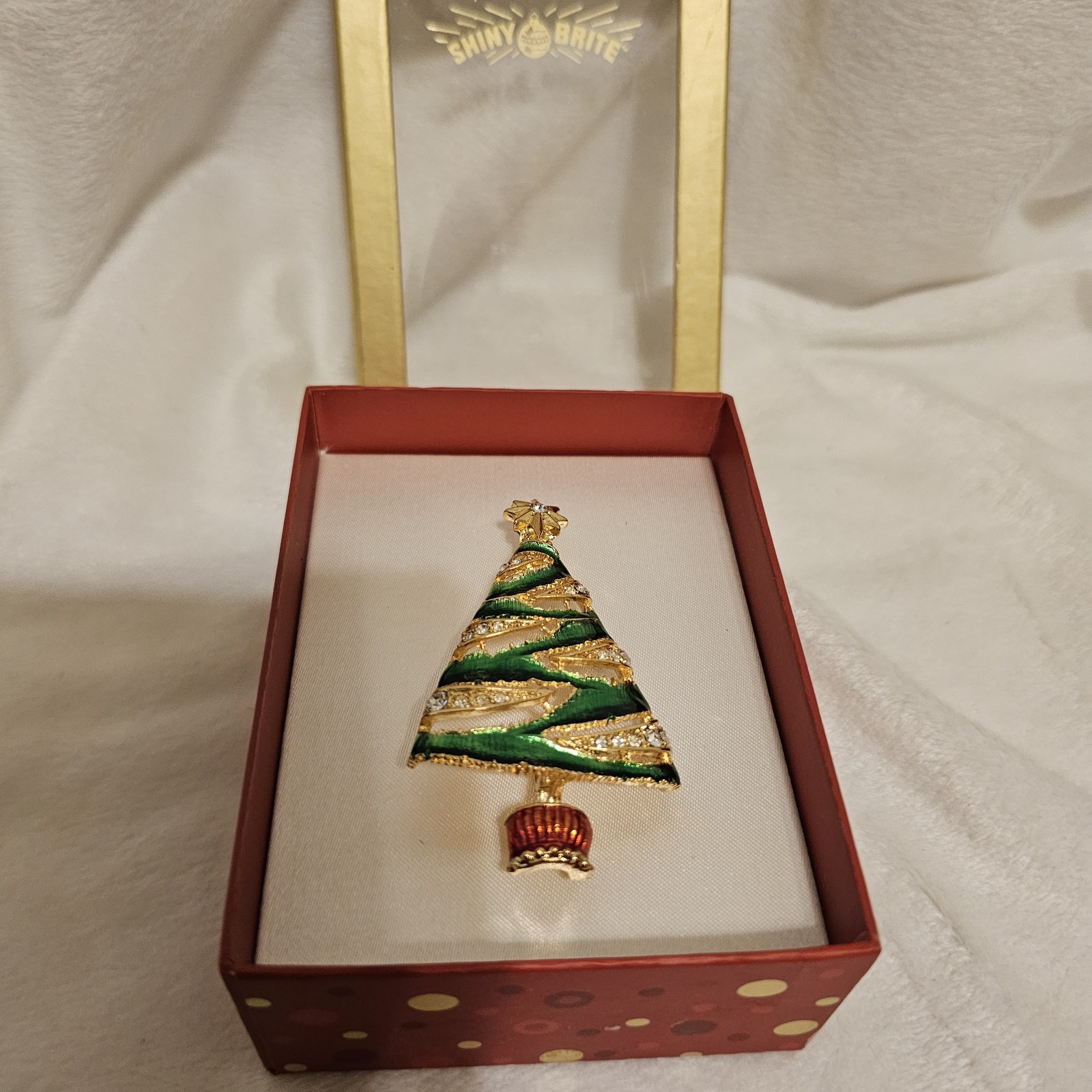 Christopher Radko Shiny Brite Christmas Tree Brooch Enamel Rhinestone Holiday