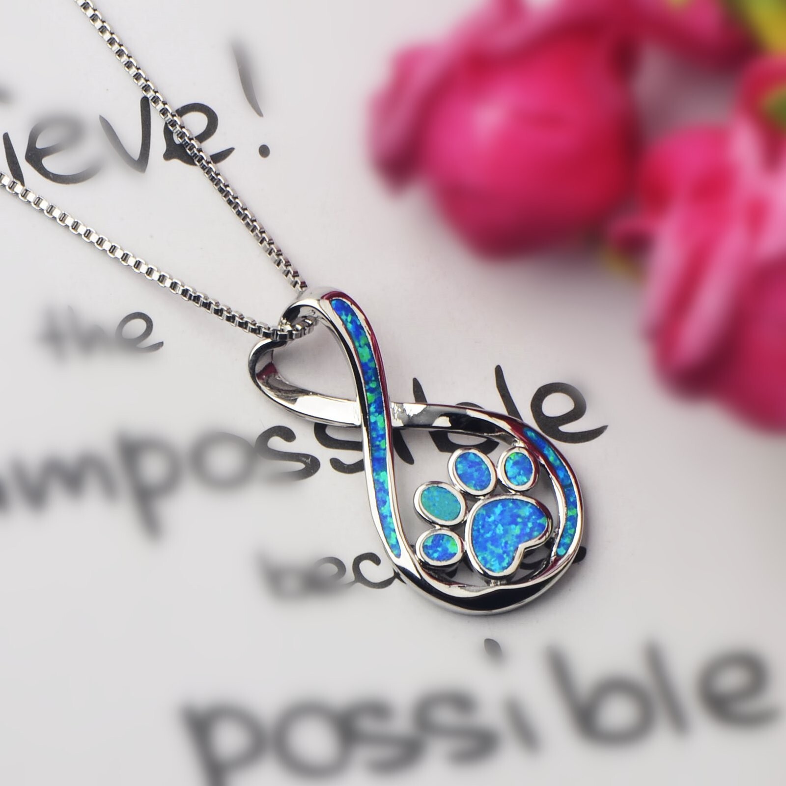 Hawaii Beach Blue Fire Opal Dog Paw Necklace Silver Filled For Women Girl