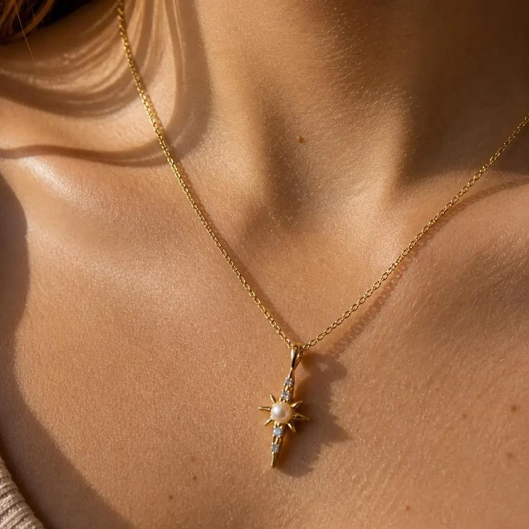 North Star Necklace Pearl Pendant 925 Sterling Silver Gold Celestial Necklace