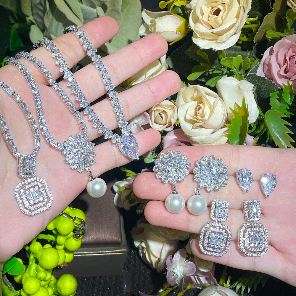 Silver Plated Long Drop Earrings Wedding Necklace Cubic Zirconia CZ Jewelry Set