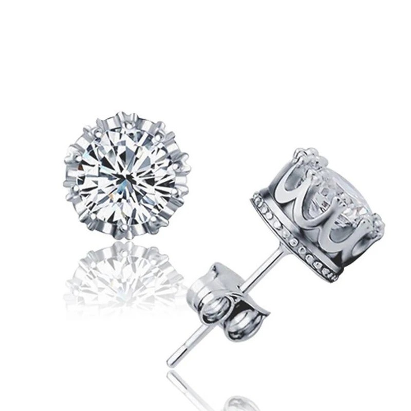 Solid 925 Sterling Silver Crown Stud Earrings CZ Crystal 6mm Unisex Men Women