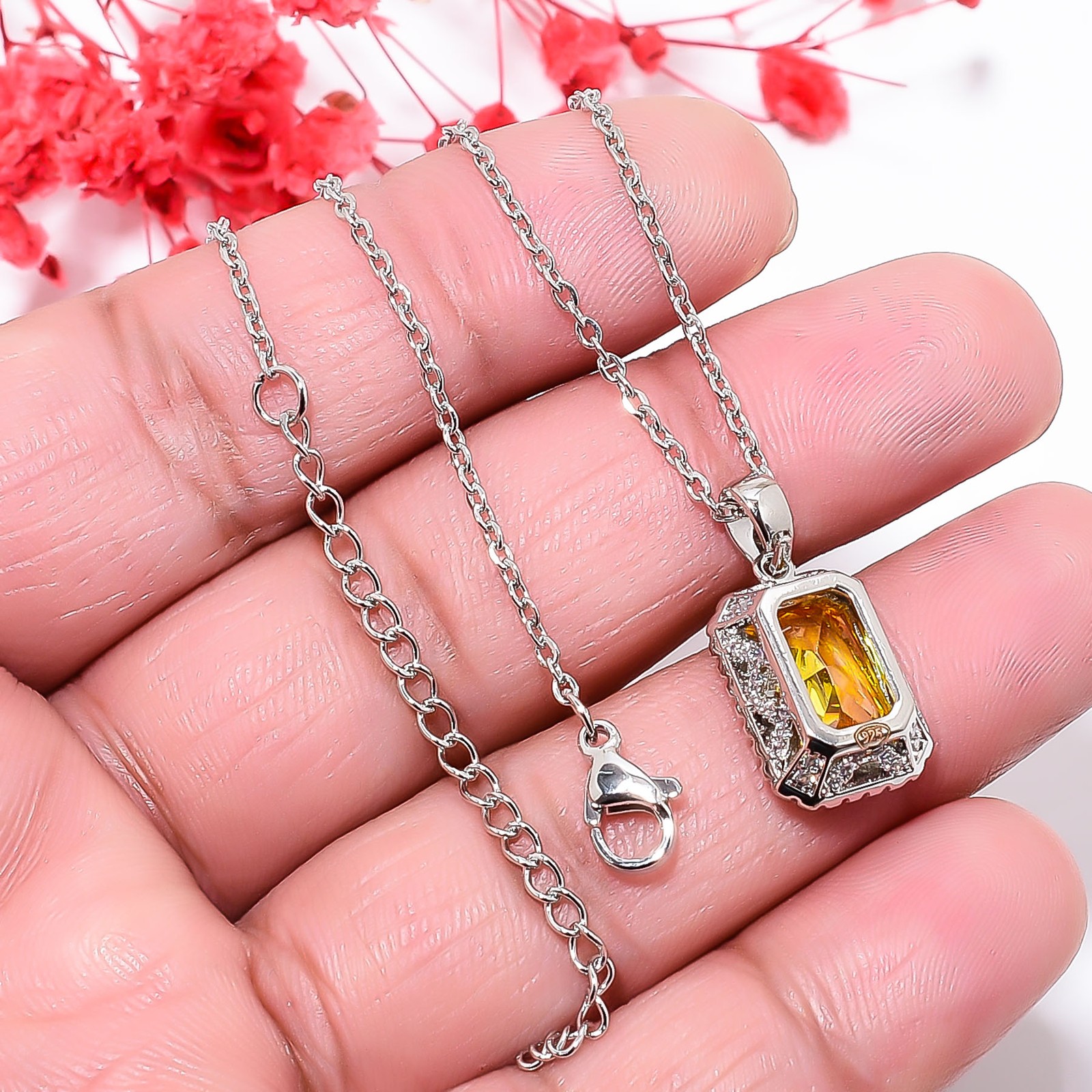 Yellow Sapphire Simulated & Cz 925 Silver Pendant With Chain 18-20″ CP899