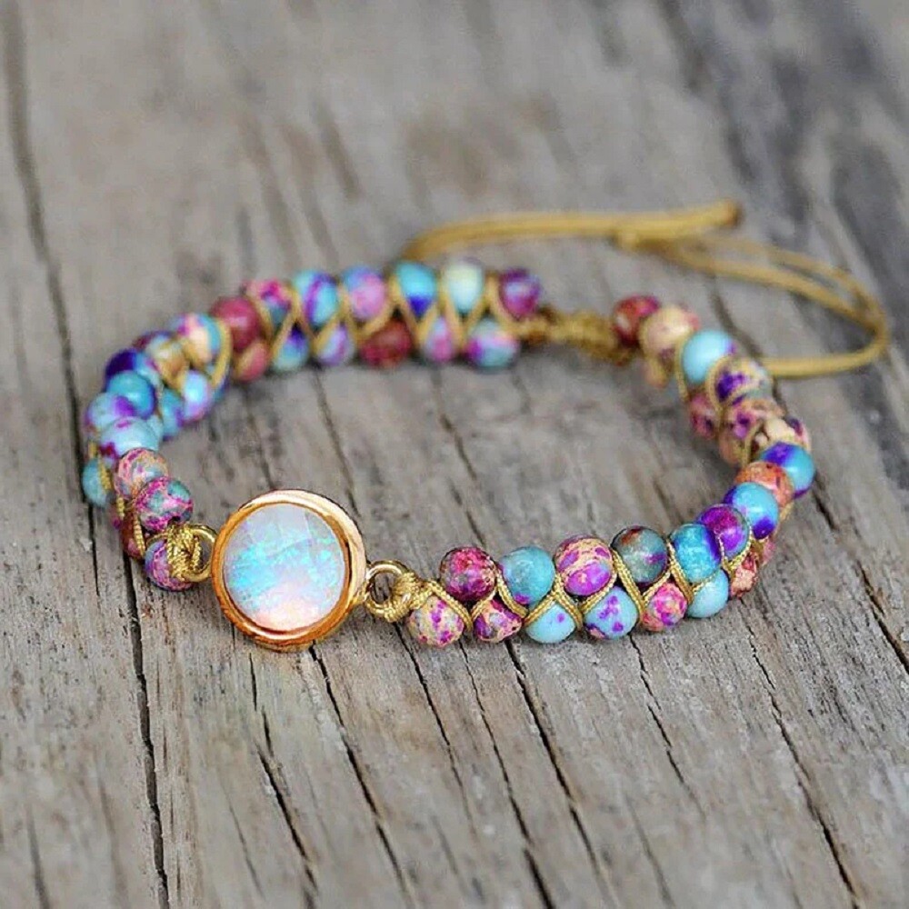Natural Opal Sea Sediment Jasper Stone Braided Bracelet for Mind Peace Handmade